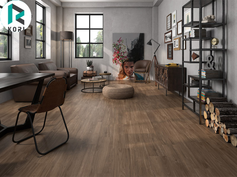 Sàn gỗ Binyl BN8633 với thiết kế phòng khách nổi bật.